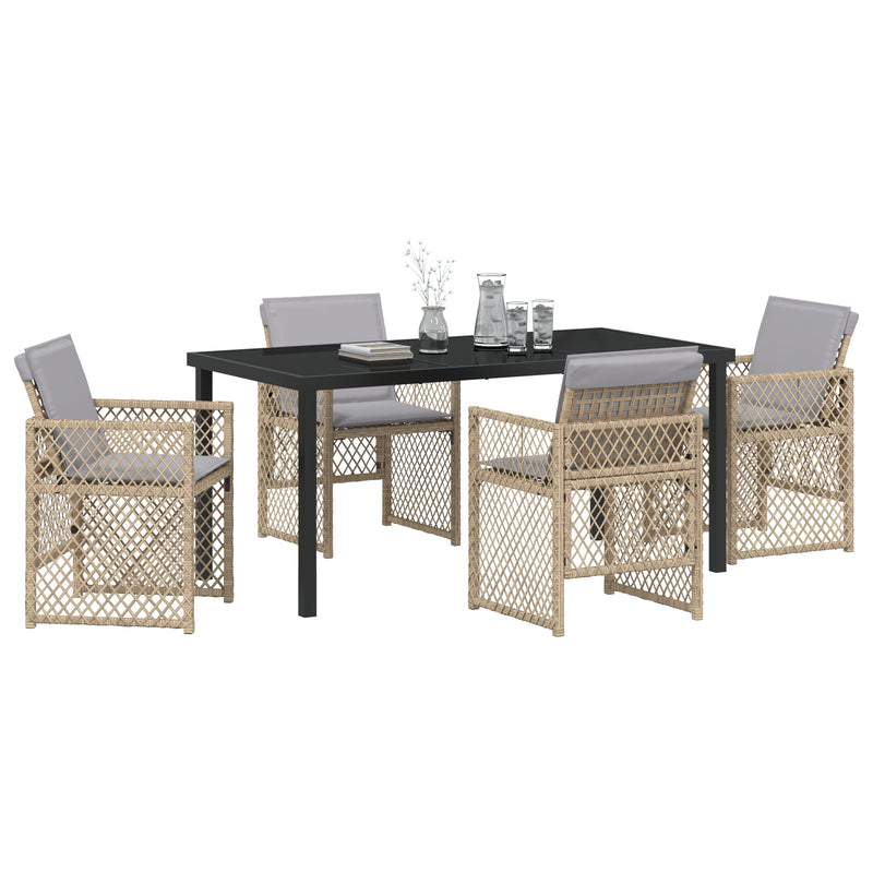 vidaXL 5 db Kerti Étkezőszett Párnákkal Bézs Poly Rattan, vidaXL Kerti Asztal Fekete 160x80x73 cm Edzett Üveg