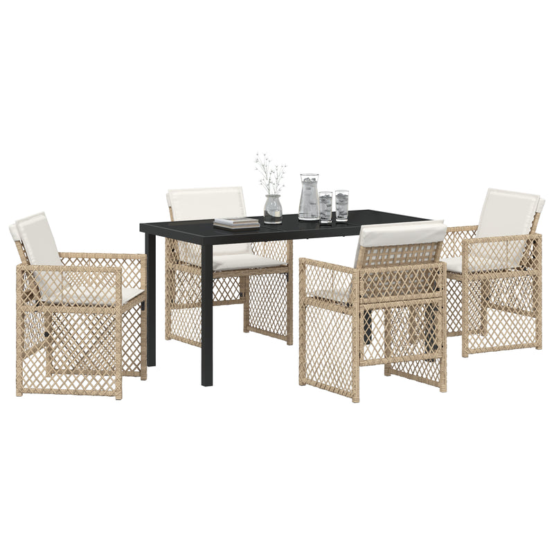 vidaXL 5 Részes Kerti Étkezőszett Párnákkal Bézs Poly Rattan, vidaXL Kerti Asztal Fekete 140x80x73 cm Edzett Üveggel