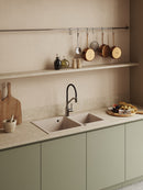 Laveo MILOS 2M 100 kétmedencés bézs gránit mosogató helytakarékos dugókiemelős szifonnal