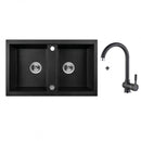 Laveo BARBADOS kétmedencés szemcsés fekete szett álló csappal, dugókiemelős helytakarékos szifonnal