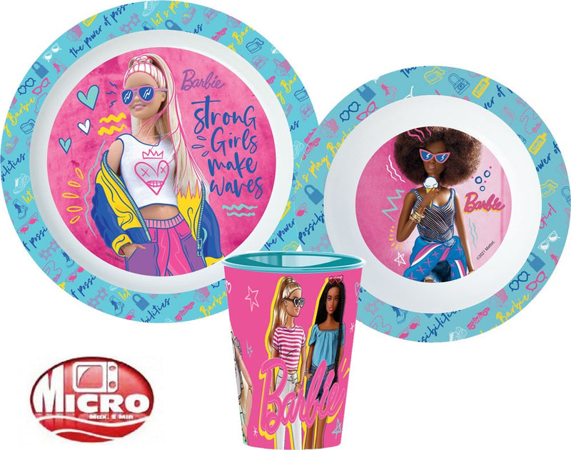 Barbie étkészlet, micro műanyag szett, pohárral 260 ml, J-STF11144