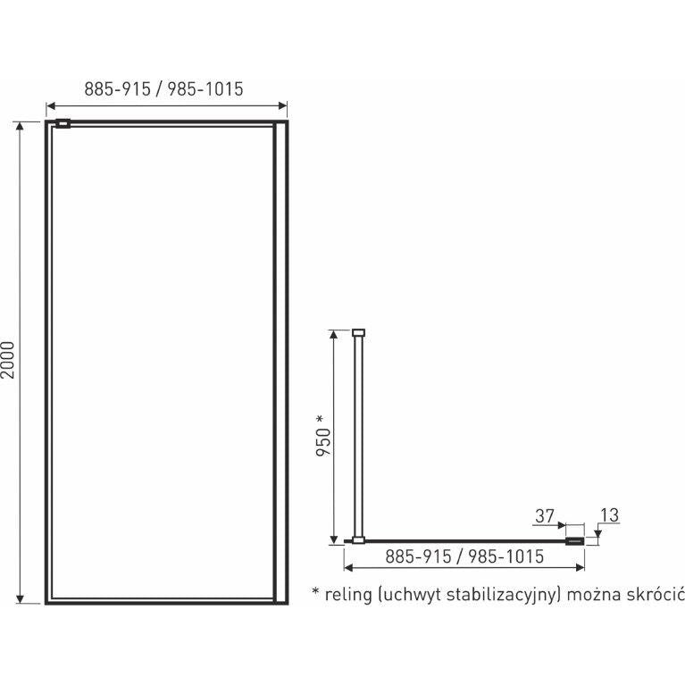 Techno 100 Walk-in zuhanykabin 100x200 cm, fekete profil, víztiszta üveg rácsmintával