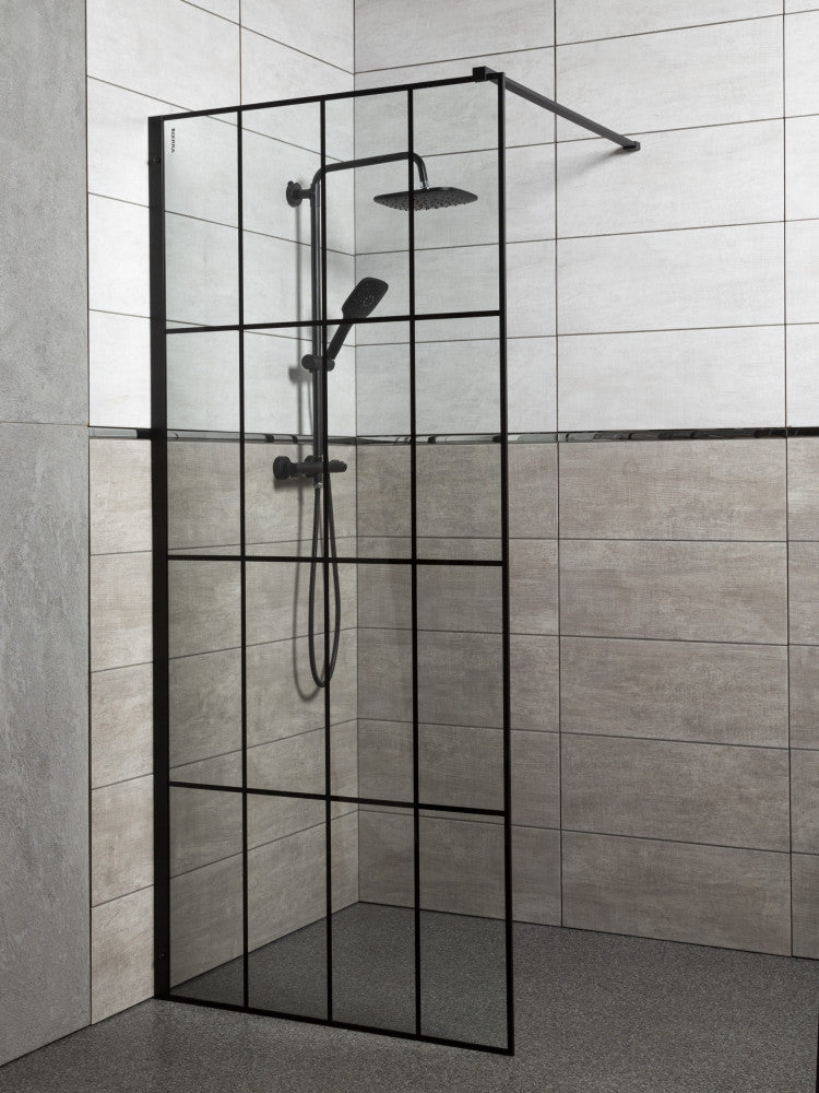 Techno 90 Walk-in zuhanykabin 90x200 cm, fekete profil, víztiszta üveg rácsmintával