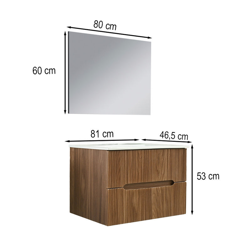 Trent Fürdőszobabútor 80 cm kerámia mosdóval (2 fiókos) tükörrel 60x80 cm sunset tölgy