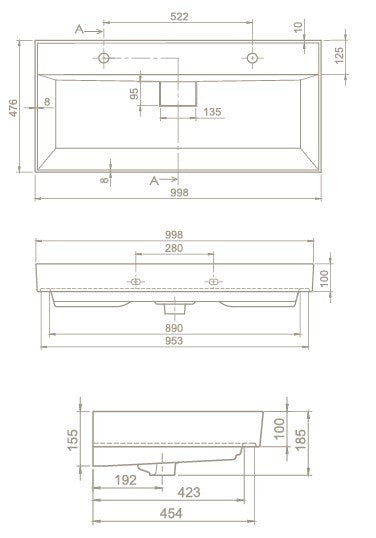 CeraStyle SHARP - MATT FEKETE - porcelán mosdókagyló - DUPLA csaplyukas - 100 x 48 cm