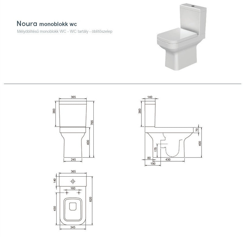CeraStyle NOURA monoblokk WC - BEÉPÍTETT bidé funkcióval - NEM FALIG tolható - mély öblítésű