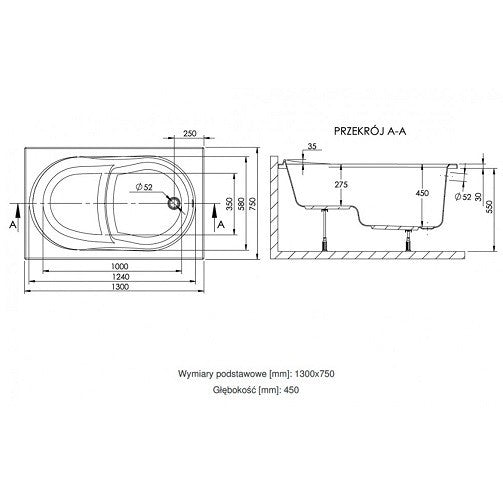 Wivea 75x130 egyenes kád