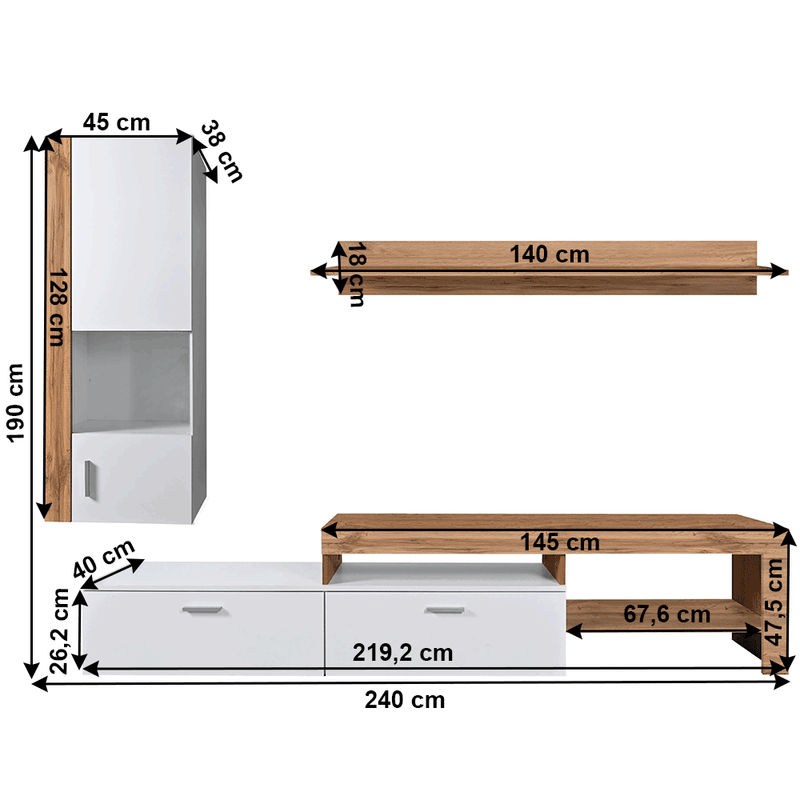Nappali fal/szekrénysor, wotan tölgy/fehér, ALUBA