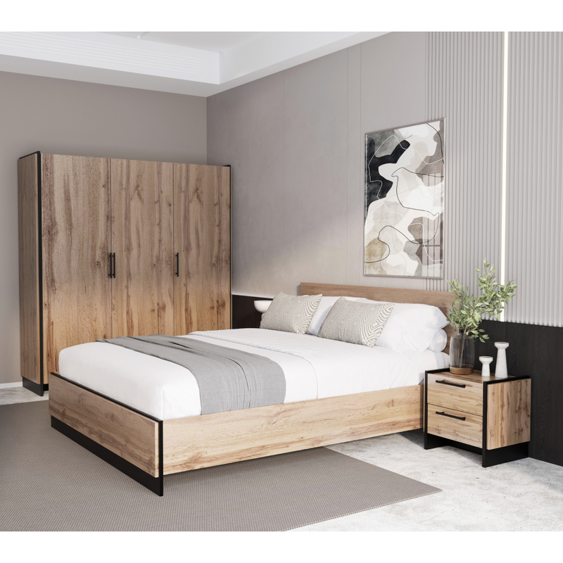 Szekrény, háromajtós, wotan tölgy/fekete, AMONI 3D