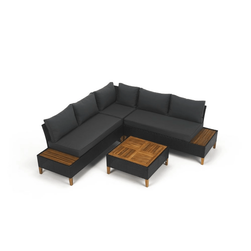 Kerti rattan szett, akácfa, fekete/szürke/természetes, MALKOM