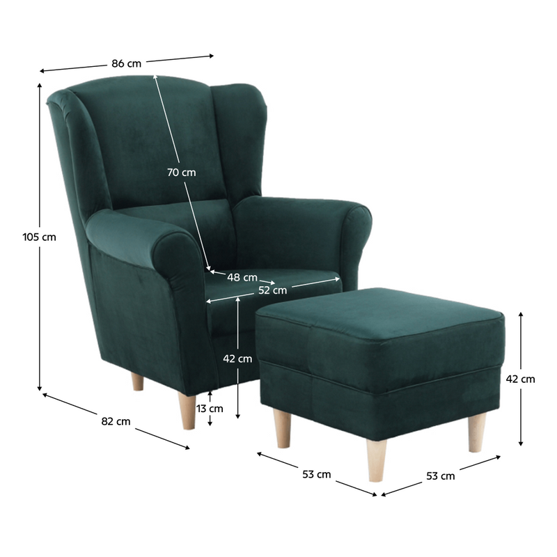 Füles fotel puffal, szövet smaragd, ASTRID