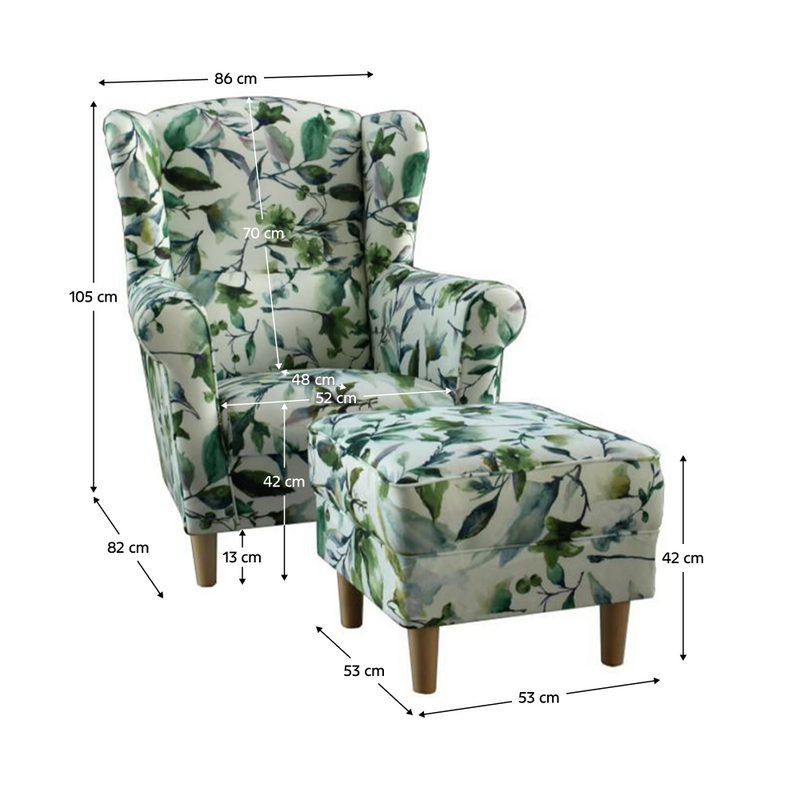 Füles fotel puffal, szövet minta zöld levél, ASTRID