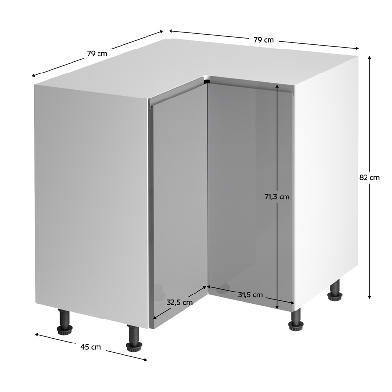 Alsó sarokszekrény, fehér/szürke extra magasfényű, AURORA D90N