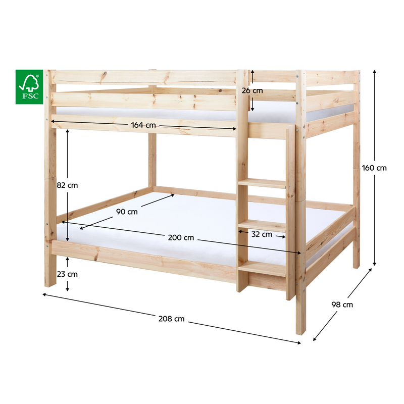 Emeletes ágy biztonsági akadállyal, 90x200, lucfenyő, BENY