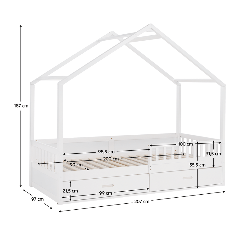 Montessori ágy, 90x200, fehér, tömör, BIANKA