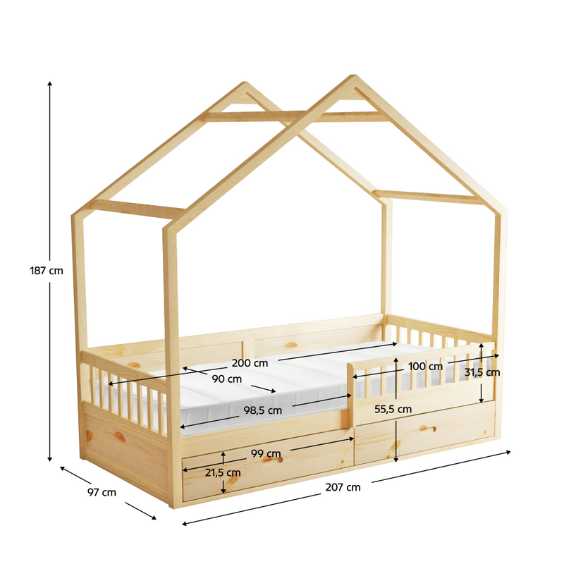 Montessori ágy, 90x200, természetes, tömör, BIANKA