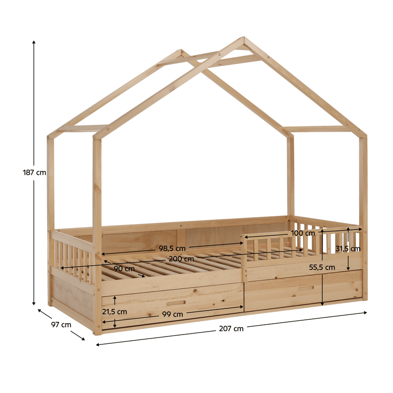 Montessori ágy, 90x200, természetes, tömör, BIANKA