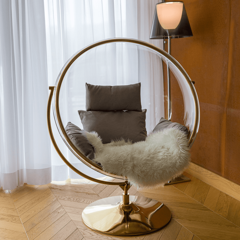 Függő fotel állvánnyal, átlátszó/arany/szürke, BUBBLE NEW TYP 2
