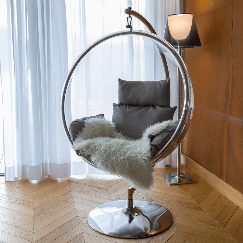 Függő fotel állvánnyal, átlátszó/ezüst/szürke, BUBBLE NEW TYP 3