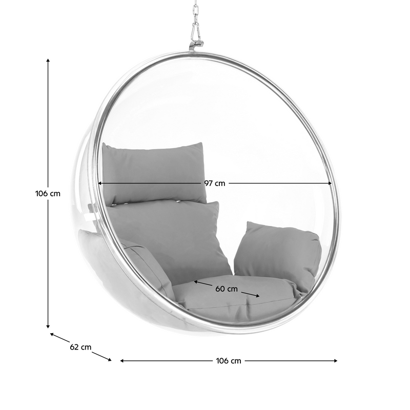 Függő fotel, átlátszó/ezüst/szürke, BUBBLE NEW TYP 1