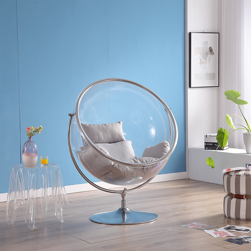 Függő fotel állvánnyal, átlátszó/ezüst/szürke, BUBBLE NEW TYP 2