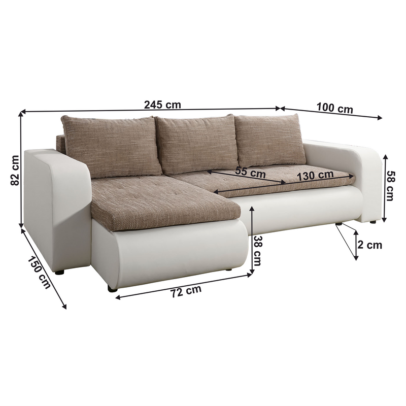 Kinyitható ülőgarnitúra, fehér/barna, balos, BURAN ROH