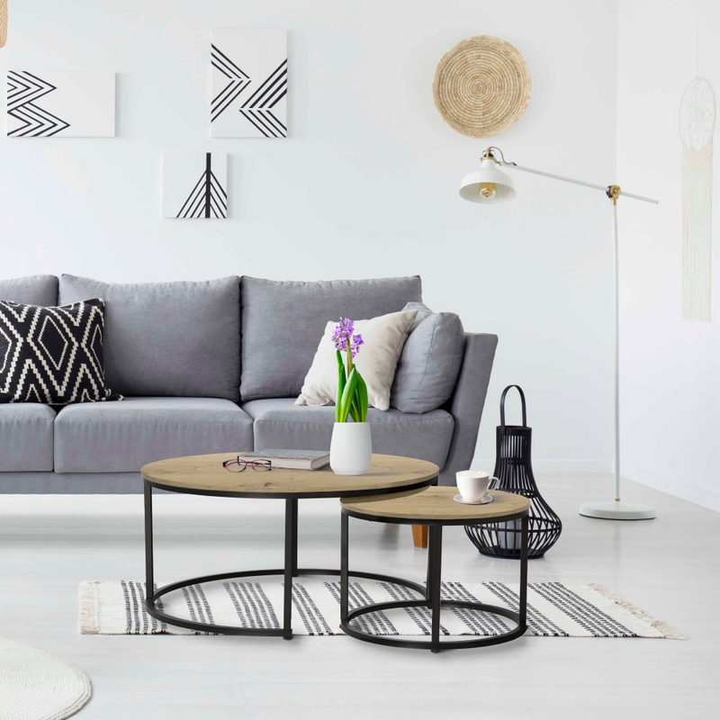 Dohányzóasztalok, 2 db-os szett, tölgy/fekete, CIRKO