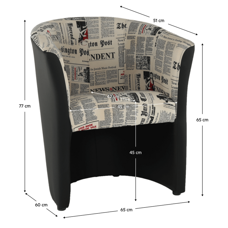 Klub fotel, textilbőr fekete/szövet újságminta, CUBA