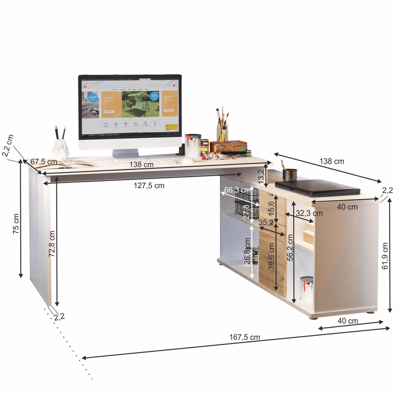 Íróasztal, fehér/wotan tölgy, DALTON 2 NEW VE 02