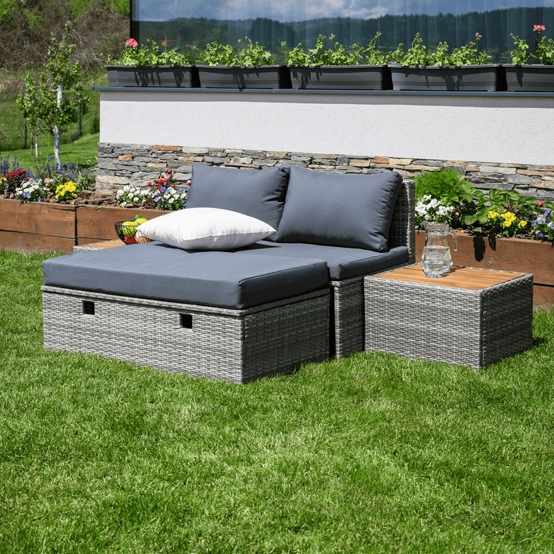 Kerti rattan szett, szürke/természetes/krémszínű, DEBRA