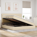 vidaXL Ágy tárolóval és matraccal fejtámlával Krém 200 x 200 cm szövet