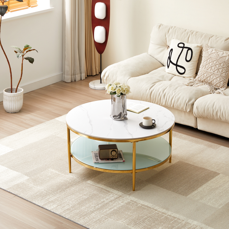 Dohányzóasztal, világos márvány/tejes/gold króm-arany, ENION 2 NEW