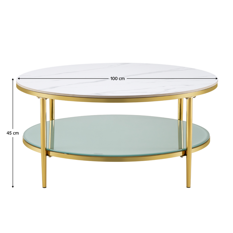 Dohányzóasztal, világos márvány/tejes/gold króm-arany, ENION 2 NEW