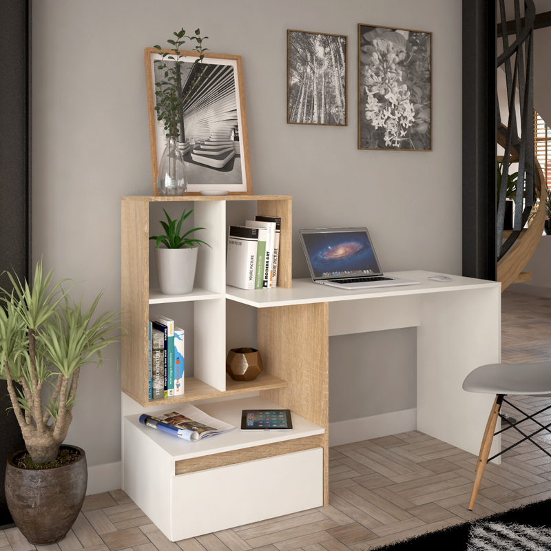 Számítógépasztal, fehér/sonoma tölgy, EROSS NEW