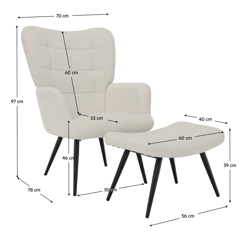 Fotel lábtartóval, fehér Velvet szövet/fekete, HABEN