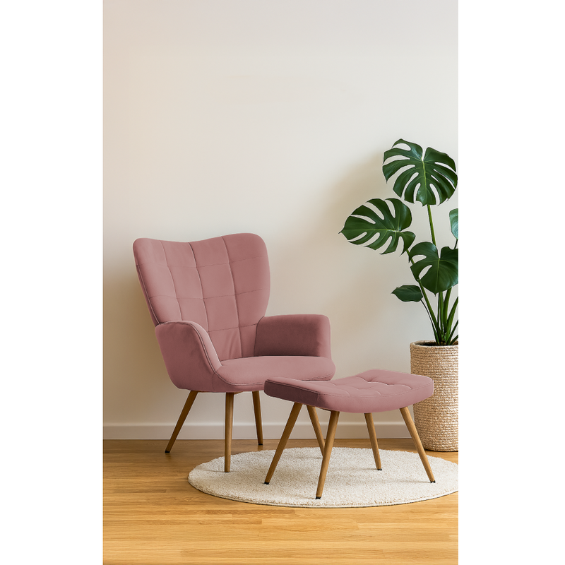Fotel lábtartóval, rózsaszín Velvet szövet/tölgy, HABEN
