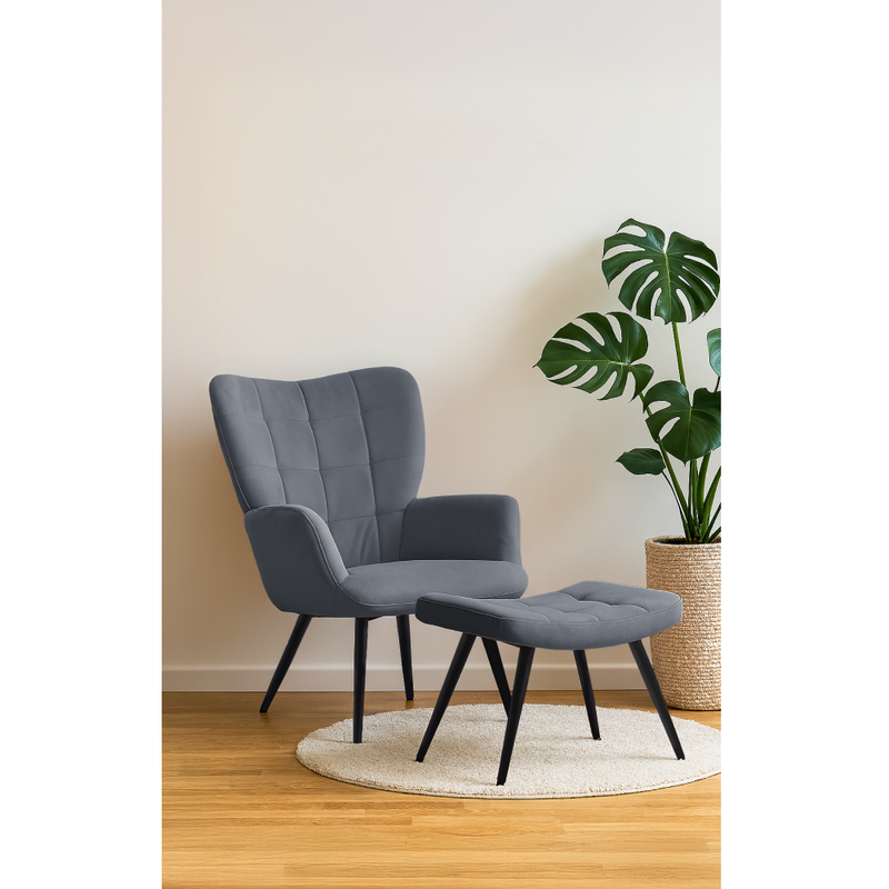 Fotel lábtartóval, szürke Velvet szövet/fekete, HABEN