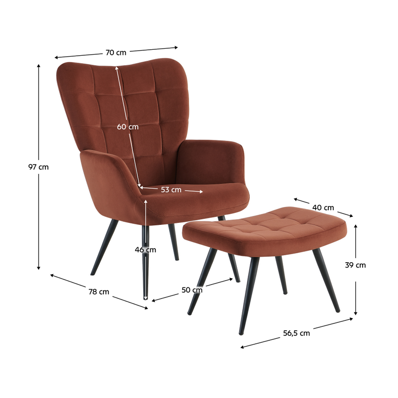 Fotel lábtartóval, barna Velvet szövet/fekete, HABEN