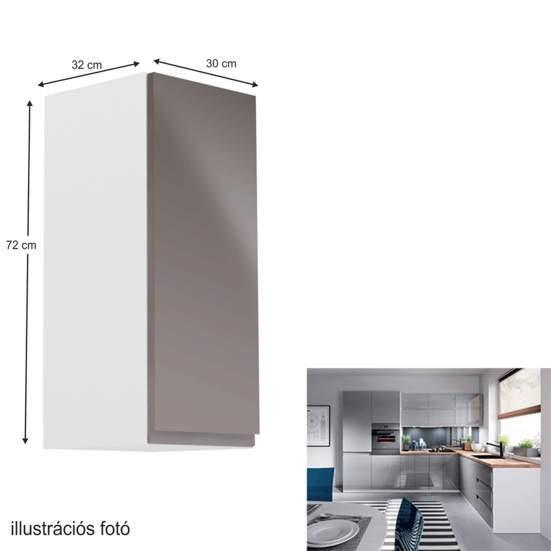 Felsőszekrény, fehér/szürke extra magasfényű, jobbos, AURORA G30