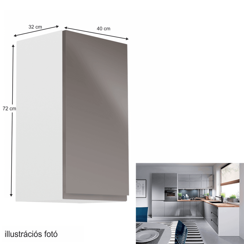 Felsőszekrény, fehér/szürke extra magasfényű, jobbos, AURORA G40