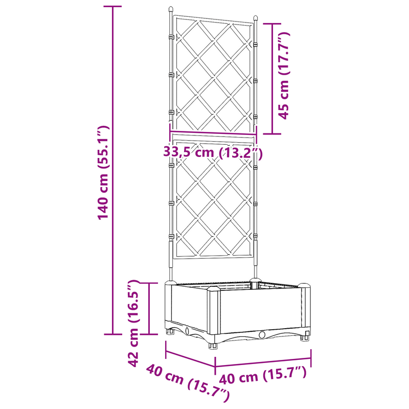 vidaXL Kertész cserép rácsos változattal Szürke 40 x 40 x 125,5 cm PP