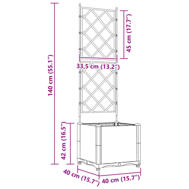 vidaXL Kertész cserép rácsos változattal Szürke 40 x 40 x 143 cm PP