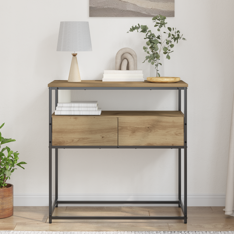 vidaXL Konzolasztal kézműves tölgy 75 x 40 x 75 cm Műgyantás fa és fém