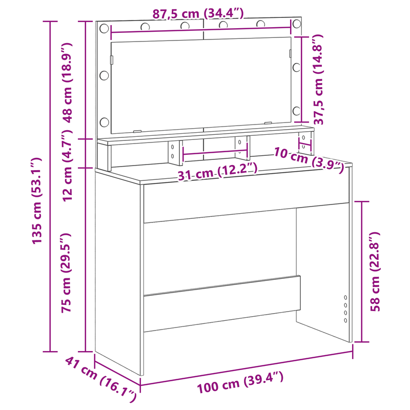 vidaXL Sminkasztal polcokkal Füstölt tölgy 100 x 41 x 135 cm Faanyag