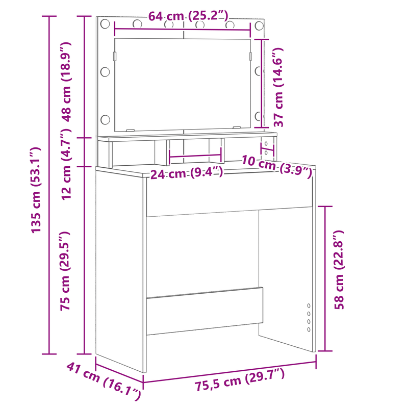 vidaXL Sminkasztal polcokkal Szürke sonoma 79 x 41 x 135 cm Faanyag