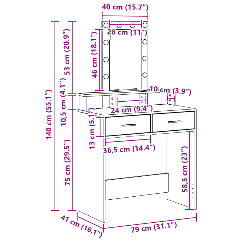 vidaXL Öltözködőasztal fiókkal Szürke 79 x 41 x 140 cm Faanyag