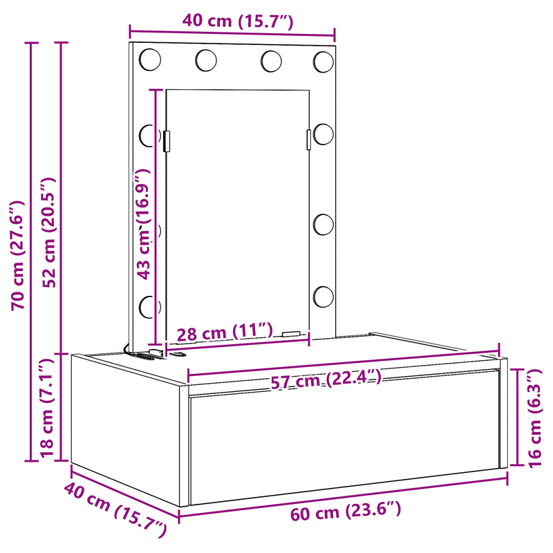 vidaXL Öltözködőasztal LED -es lámpákkal Barna 60 x 40 x 70 cm Faanyag