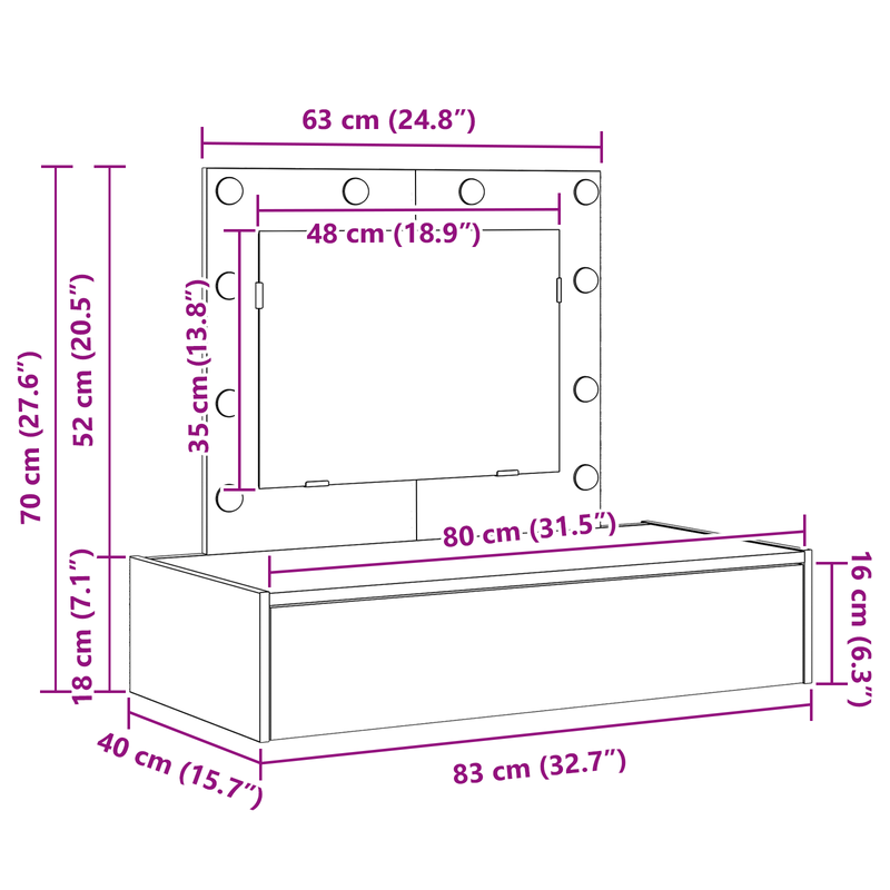 vidaXL Öltözködőasztal LED -es lámpákkal Barna 83 x 40 x 70 cm Faanyag