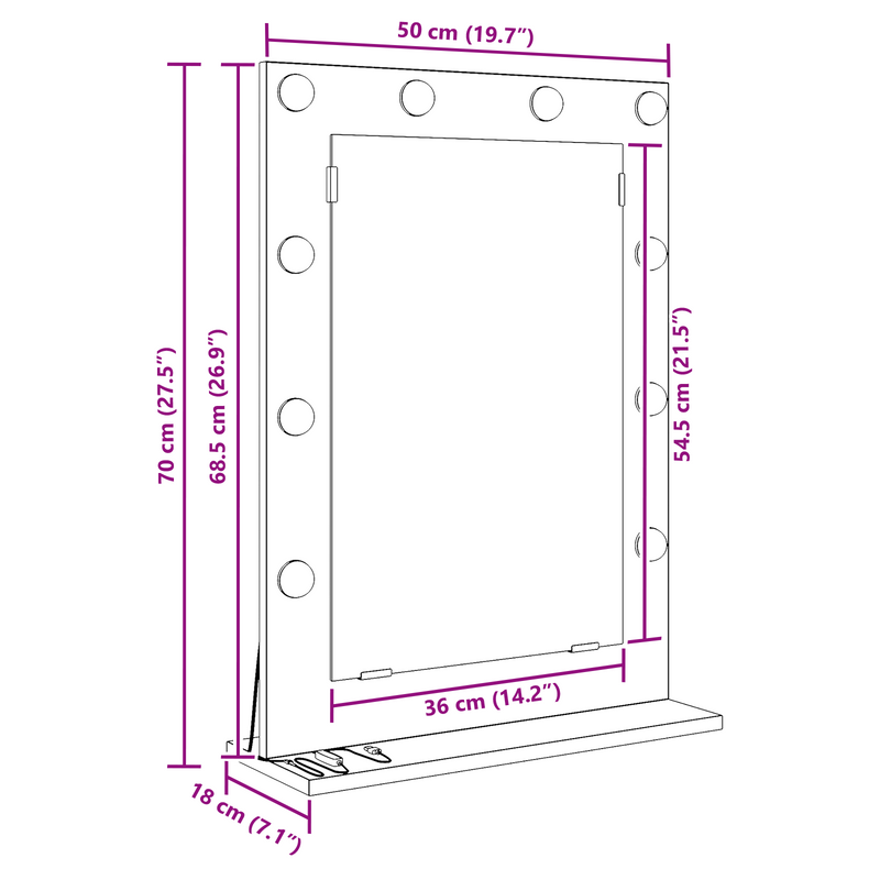 vidaXL Toalett Tükör LED -es lámpákkal Szürke Sonoma 70 x 50 x 18 cm