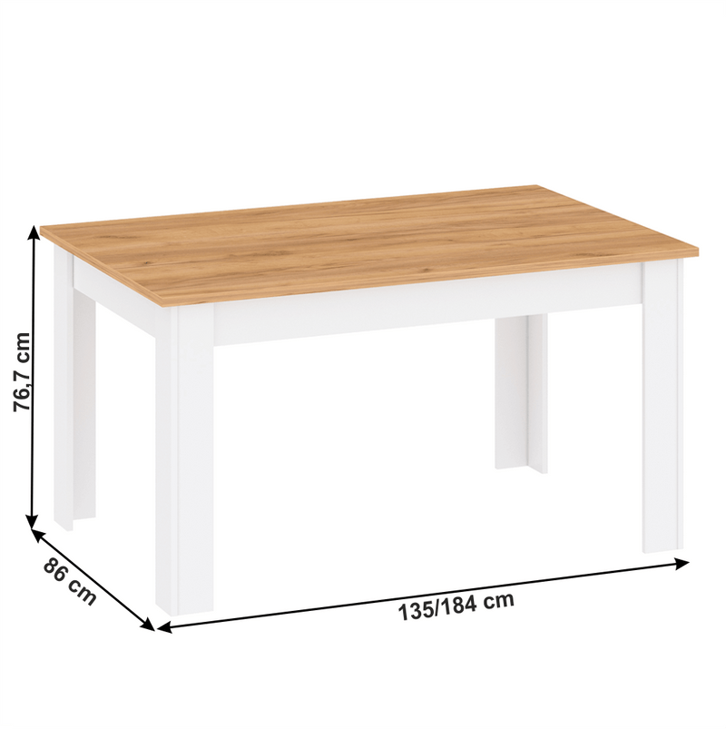 Étkezőasztal, fehér alba/tölgy craft arany, 135-184x86 cm, LANZETTE S